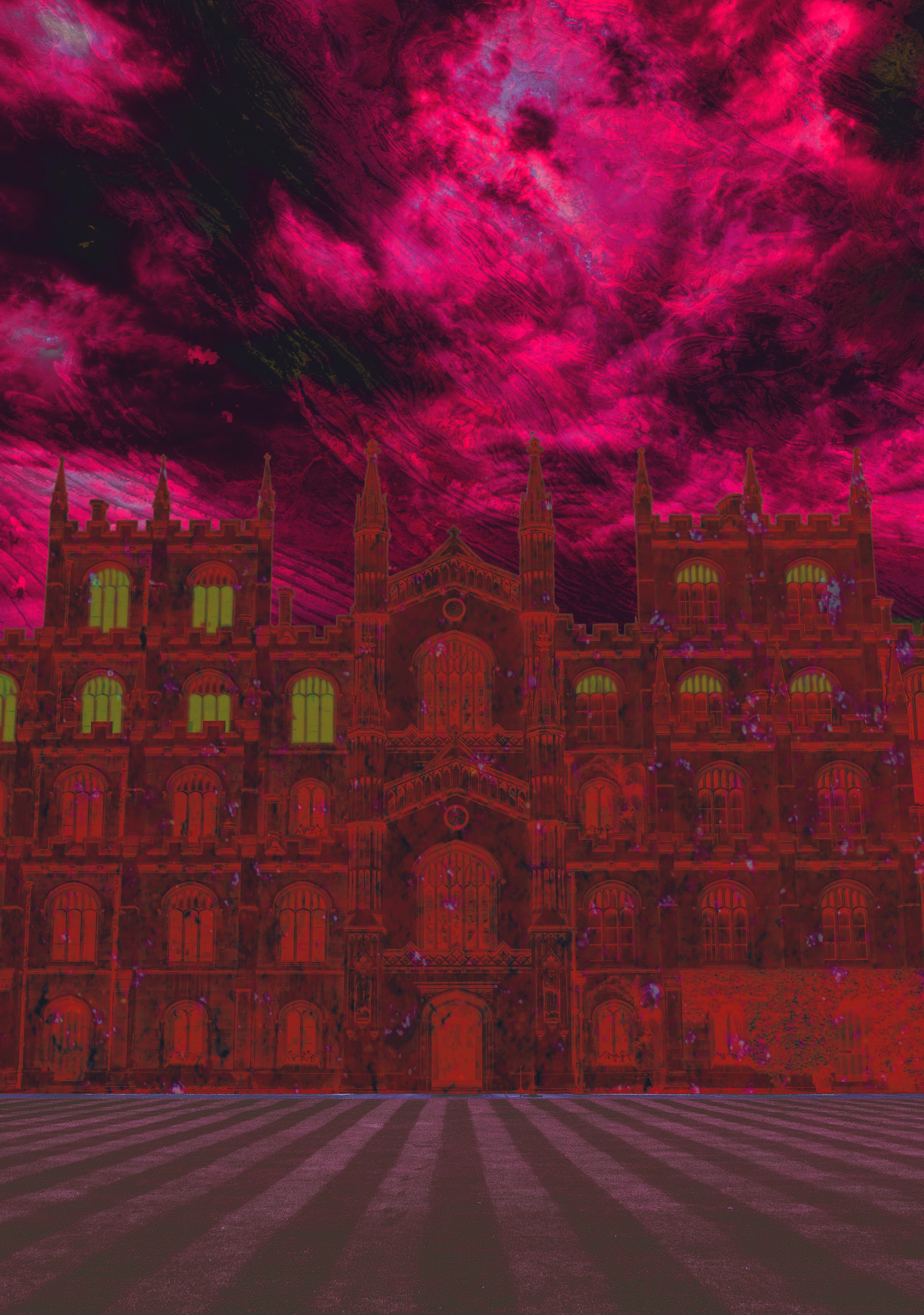 a multi-storied gothic-style building with deep red walls and a handful of windows lit from within with lime light stands between a mauve striped lawn and a vivid pink and black stormy sky a multi-storied gothic-style building with deep red walls and a handful of windows lit from within with lime light stands between a mauve striped lawn and a vivid pink and black stormy sky